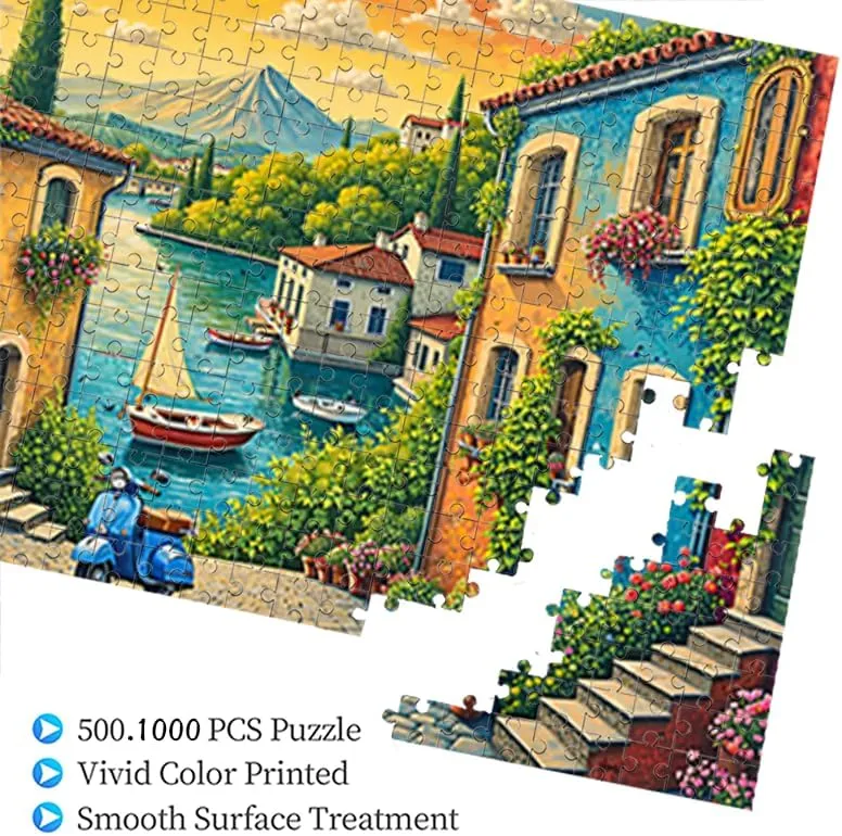 Italian Lake Village Puzzle 500 Pieces 14.9x20.4in Colorful Houses and Boats by Scenic Waterway