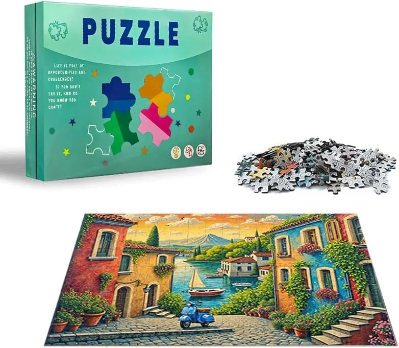 Italian Lake Village Puzzle 500 Pieces 14.9x20.4in Colorful Houses and Boats by Scenic Waterway