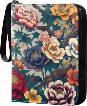 Japanese Blossom Flowers Card Binder 4 Pocket Trading Card Album Fits 400 Sports/Game Cards, PU Cover 3 Ring Card Collection with 50 Removable Sleeves