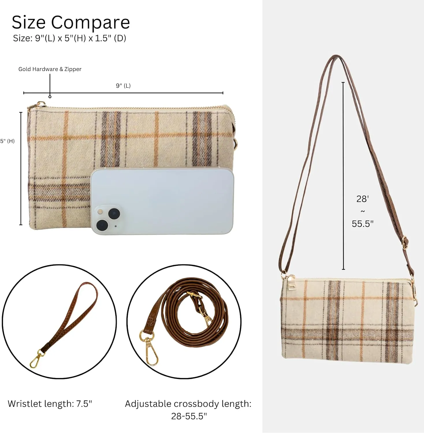 JEN & CO. Riley Plaid Small Crossbody Bags Vegan Leather Wristlet Wallets Clutch Purses Shoulder Handbag for Women