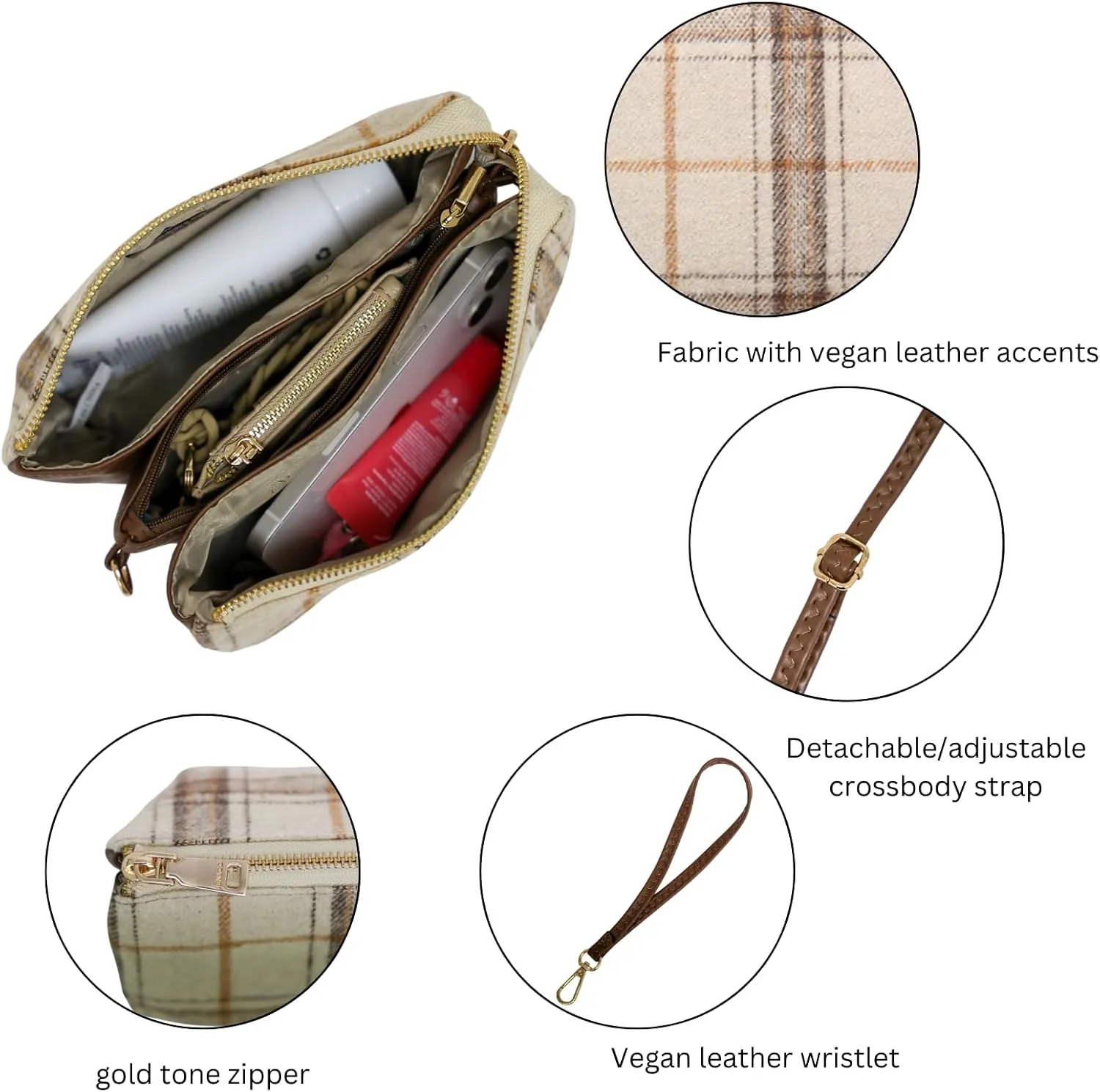 JEN & CO. Riley Plaid Small Crossbody Bags Vegan Leather Wristlet Wallets Clutch Purses Shoulder Handbag for Women