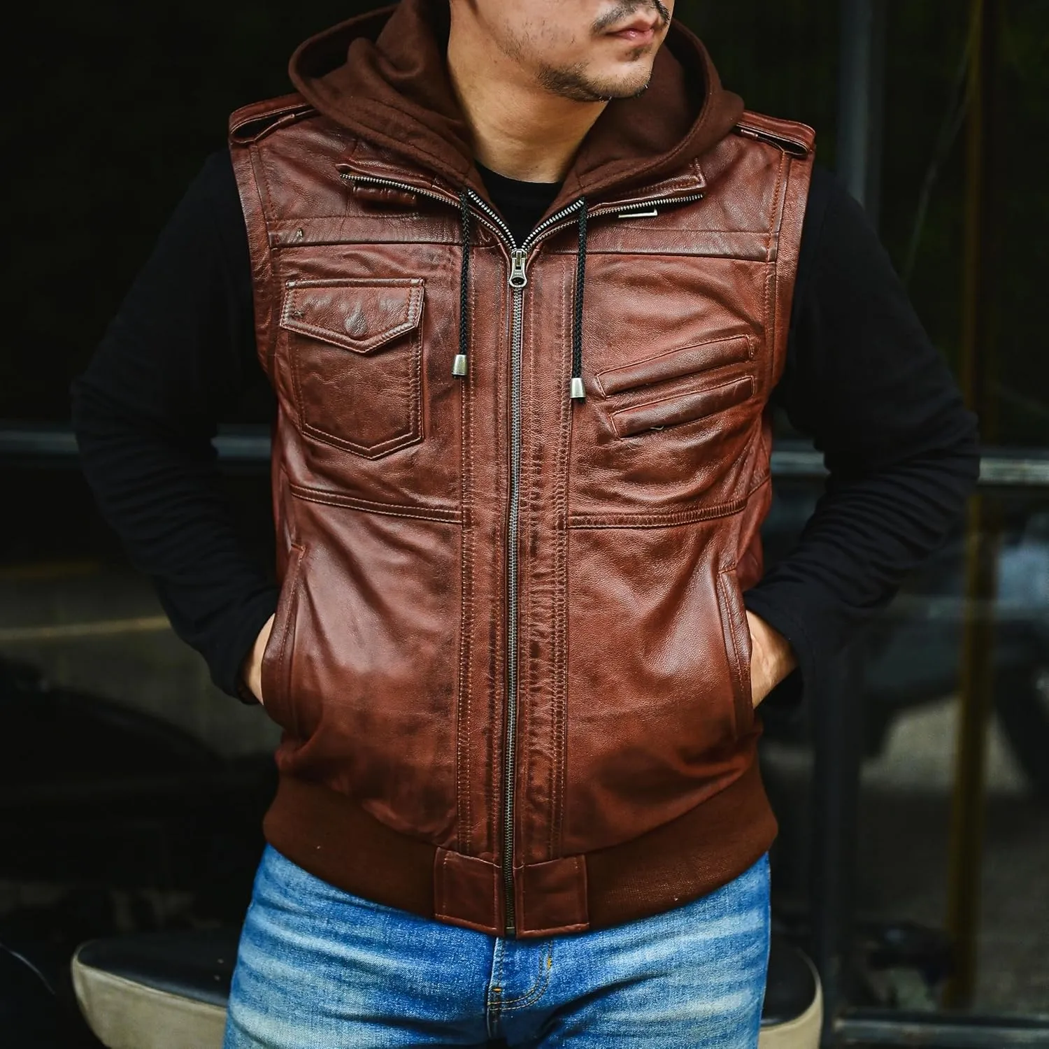 Jild Hooded 2.0 Leather Jacket Men - Genuine Lambskin Leather Bomber Jacket with Removable Hood for Mens Fashion