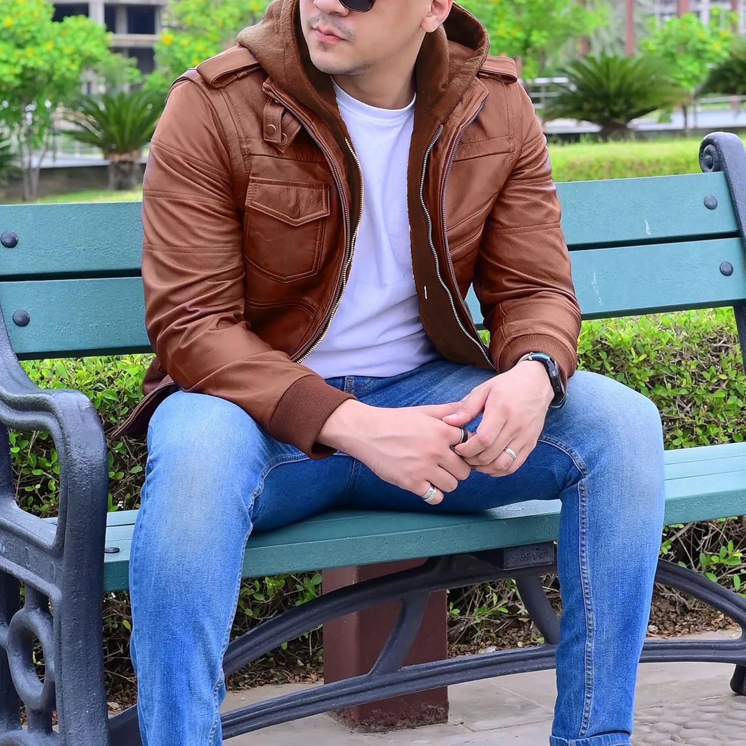 Jild Hooded 2.0 Leather Jacket Men - Genuine Lambskin Leather Bomber Jacket with Removable Hood for Mens Fashion