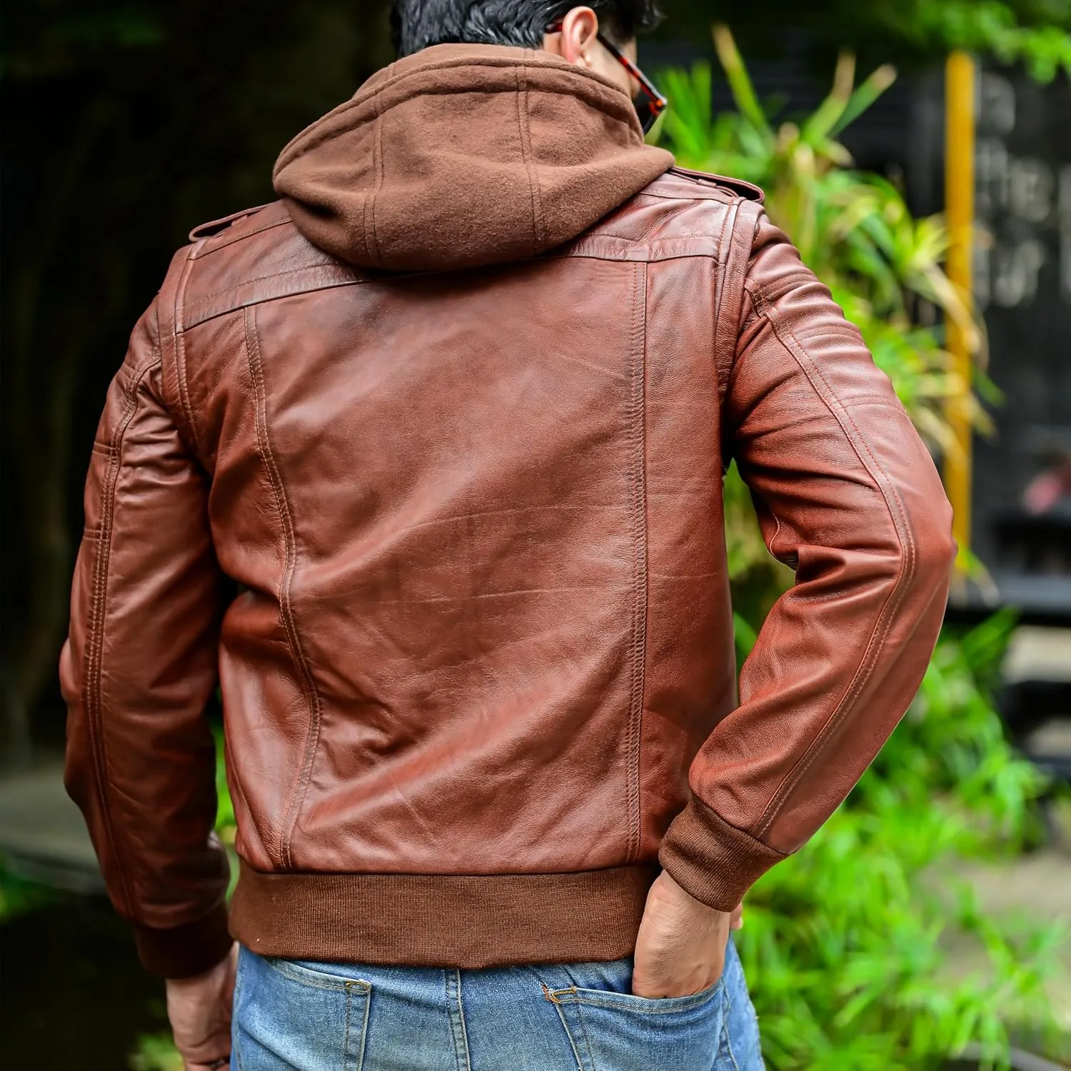 Jild Hooded 2.0 Leather Jacket Men - Genuine Lambskin Leather Bomber Jacket with Removable Hood for Mens Fashion