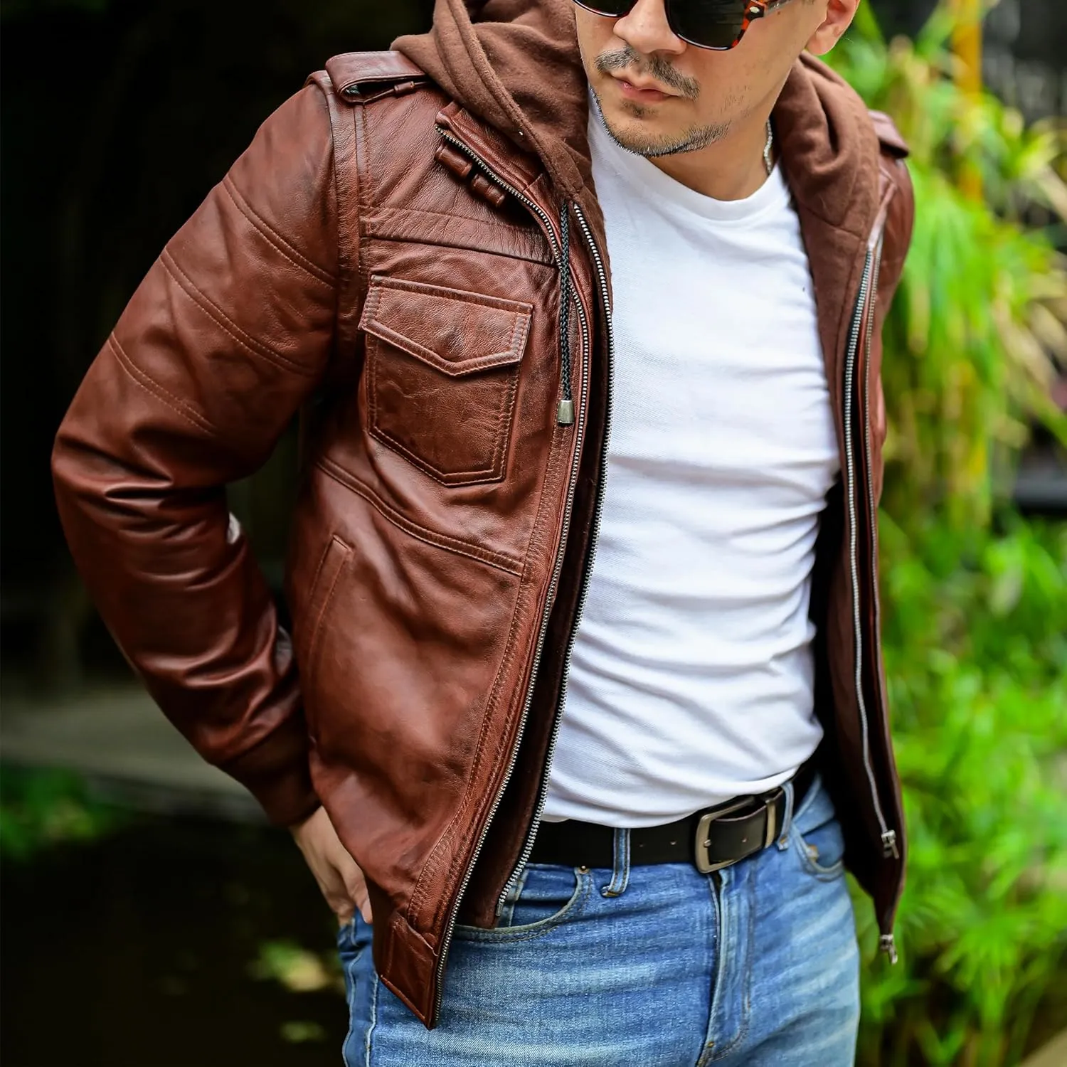 Jild Hooded 2.0 Leather Jacket Men - Genuine Lambskin Leather Bomber Jacket with Removable Hood for Mens Fashion