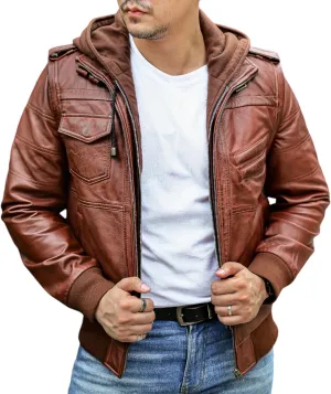 Jild Hooded 2.0 Leather Jacket Men - Genuine Lambskin Leather Bomber Jacket with Removable Hood for Mens Fashion