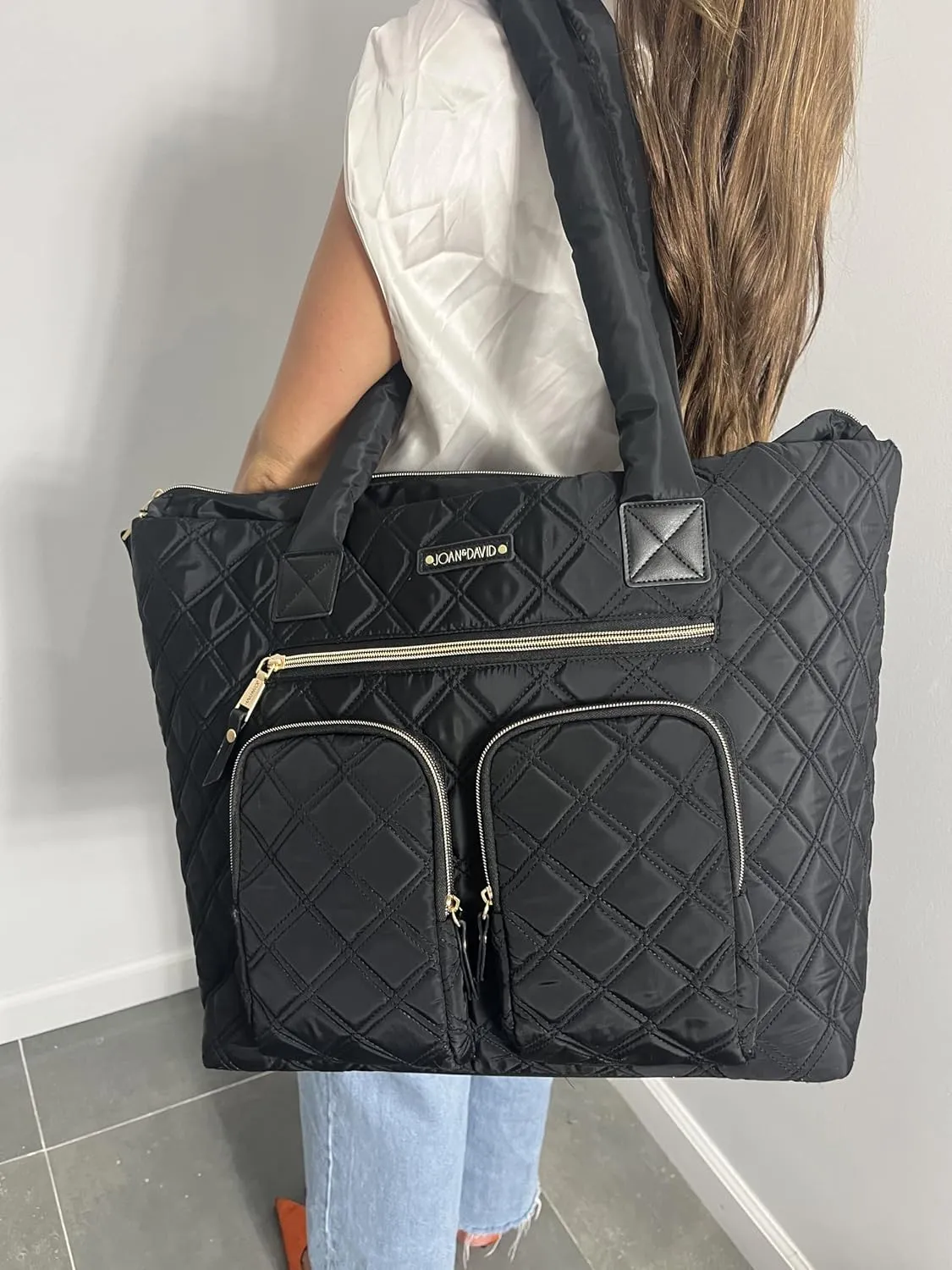 Joan & David 21 Inch Diamond Quilted Nylon Workbook Tote (Black)