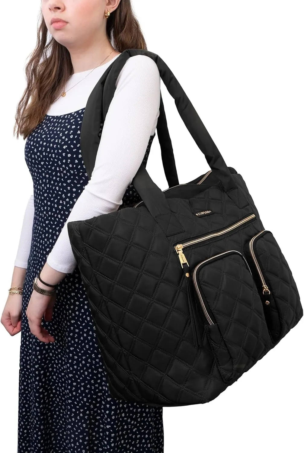 Joan & David 21 Inch Diamond Quilted Nylon Workbook Tote (Black)