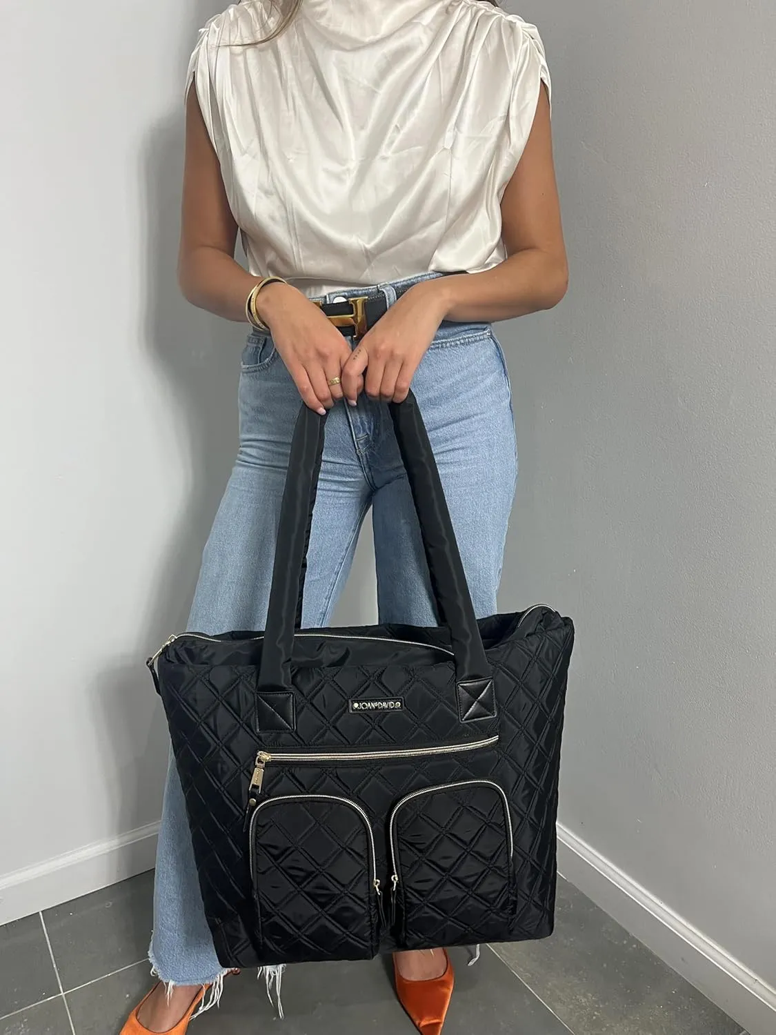 Joan & David 21 Inch Diamond Quilted Nylon Workbook Tote (Black)
