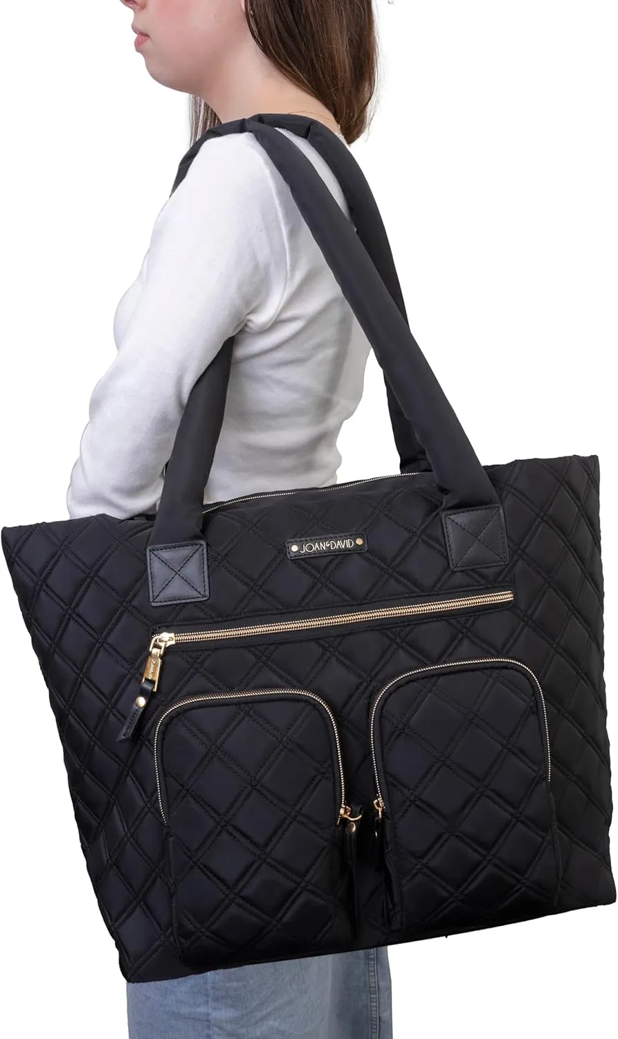Joan & David 21 Inch Diamond Quilted Nylon Workbook Tote (Black)