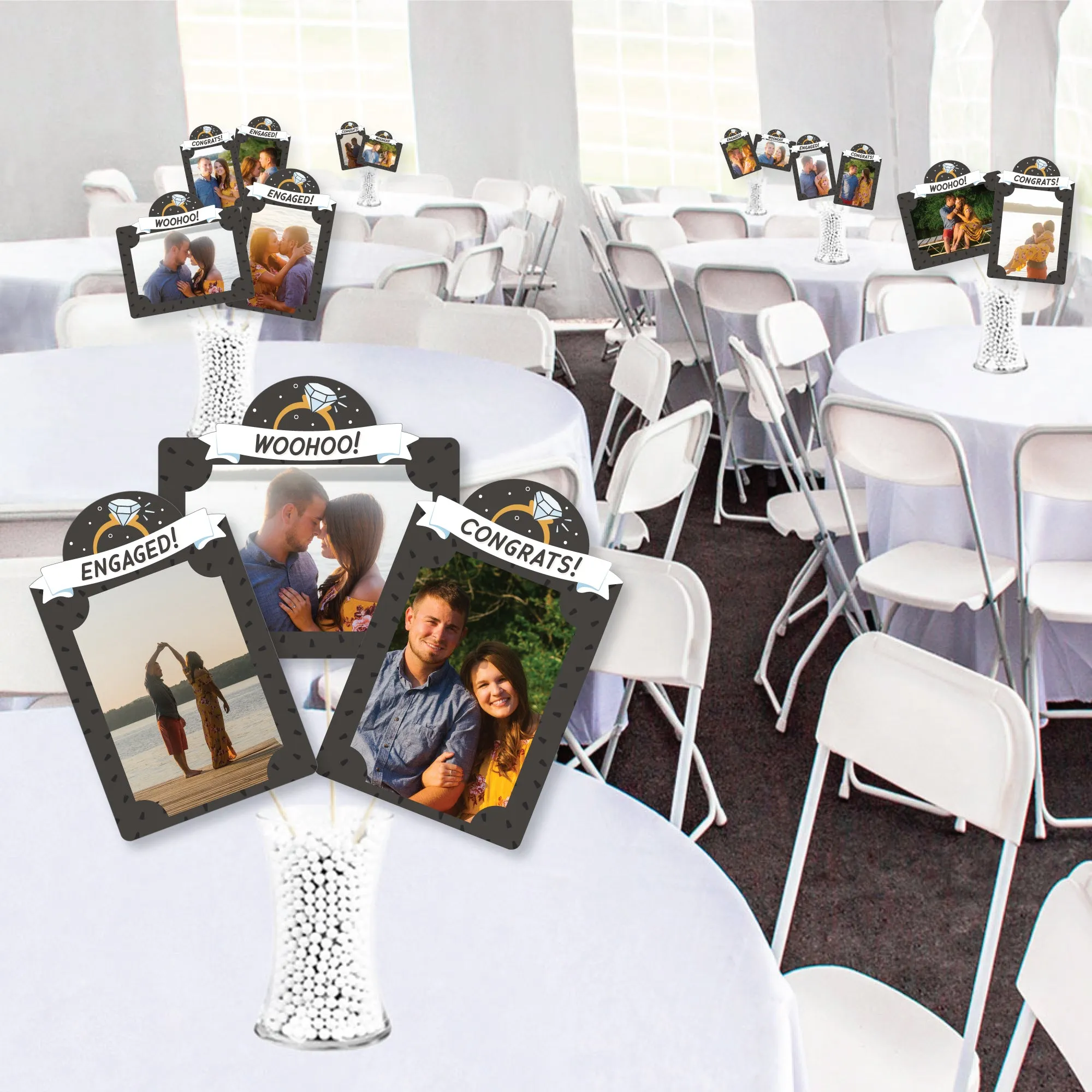 Just Engaged - Black and White - Engagement Party Picture Centerpiece Sticks - Photo Table Toppers - 15 Pieces