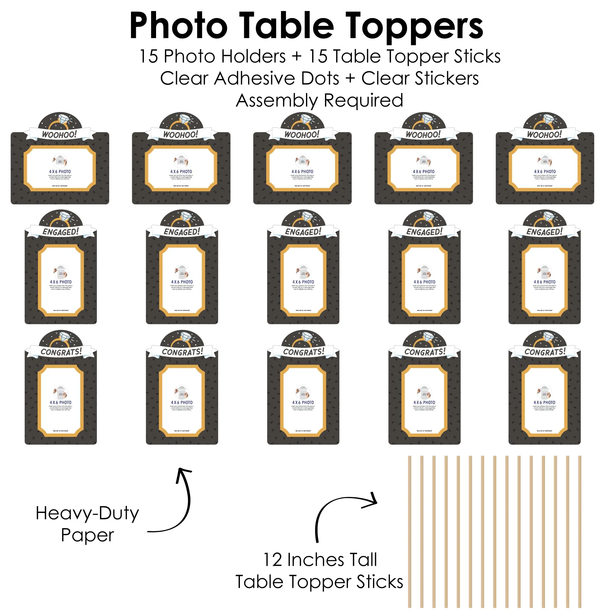 Just Engaged - Black and White - Engagement Party Picture Centerpiece Sticks - Photo Table Toppers - 15 Pieces
