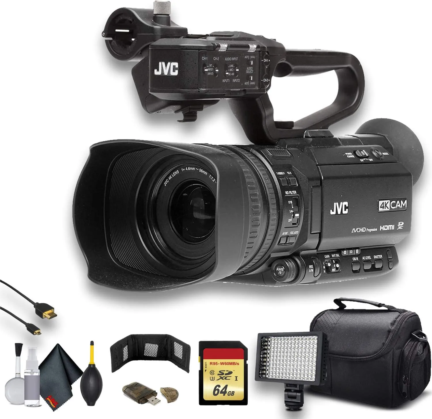 JVC GY-HM250 UHD 4K Streaming Camcorder W/ 64GB Memory Card, HDMI Cable, Case, LED Light, Cleaning Kit and More. Professional Bundle