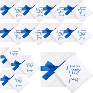 Kajaia 12 Sets Wedding Handkerchief 12pcs Embroidered Cotton Happy Tears Handkerchief with Scallop Lace Edges12pcs Blue Bows Envelopes Something Blue for Bride on Wedding Day