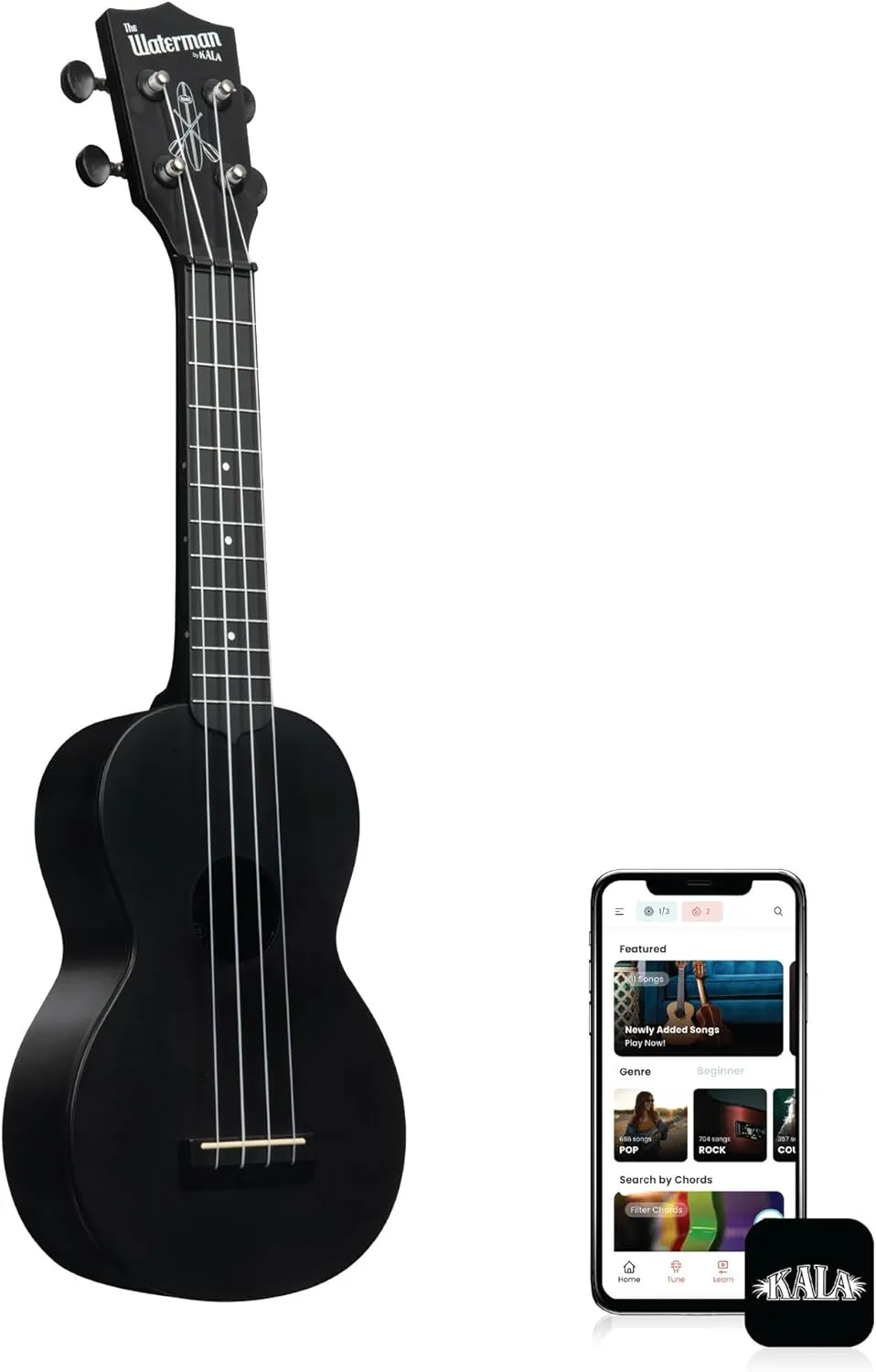 Kala Brand Music Co. The Waterman Beach Collection, 4-String Ukulele, Right, Black Sand, Soprano (KA-WMS-BK-S)