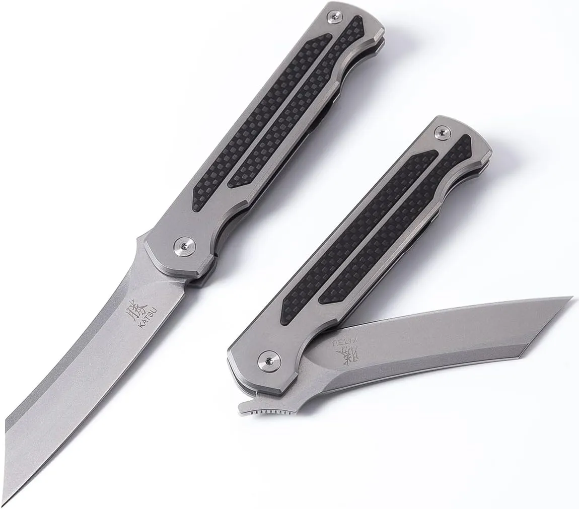 KATSU Camping Pocket Folding Japanese Knife, Titanium & Carbon Fiber Handle, Frame Lock, Stonewashed Cleaver Razor Blade with CPM S35VN Steel, Leather Sheath