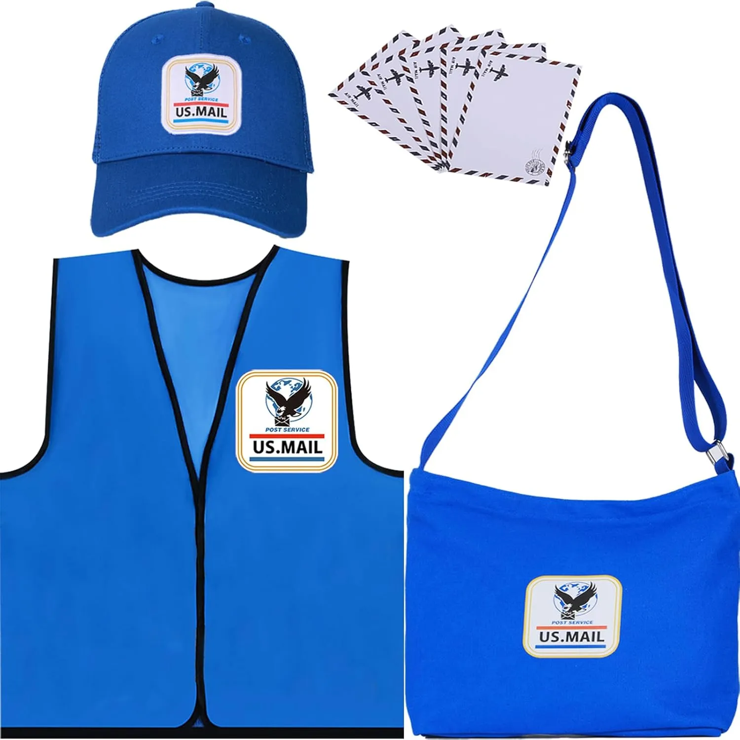 Kids Mailman Costume Mail Carrier Costume Kit Postman Canvas Bag Hat Vest Envelope(4 IN 1) Career Day Occupational Halloween Costume Postman Dress Up