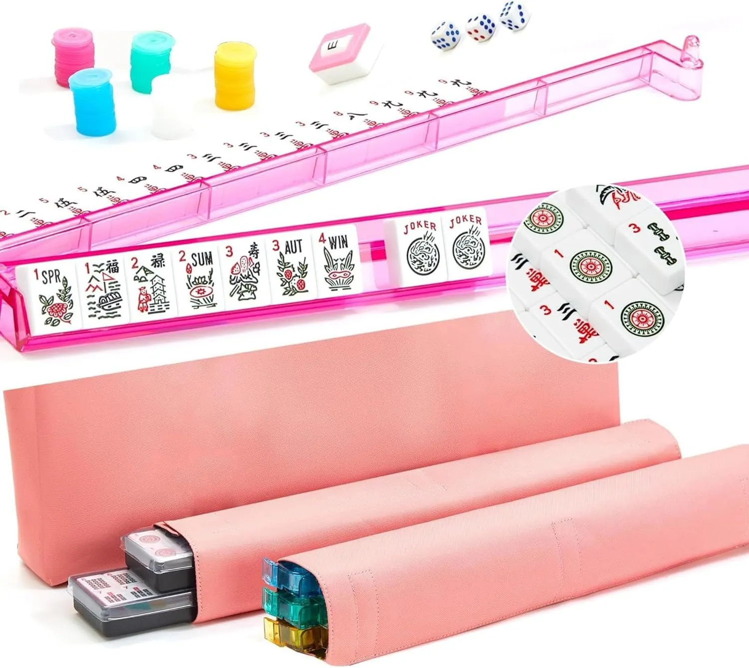 KURONO American Mahjong Set - Pink Soft Bag,166 Premium White Tiles, 4All-in-One Rack/Pushers, MahJongg Game Set(Pink)