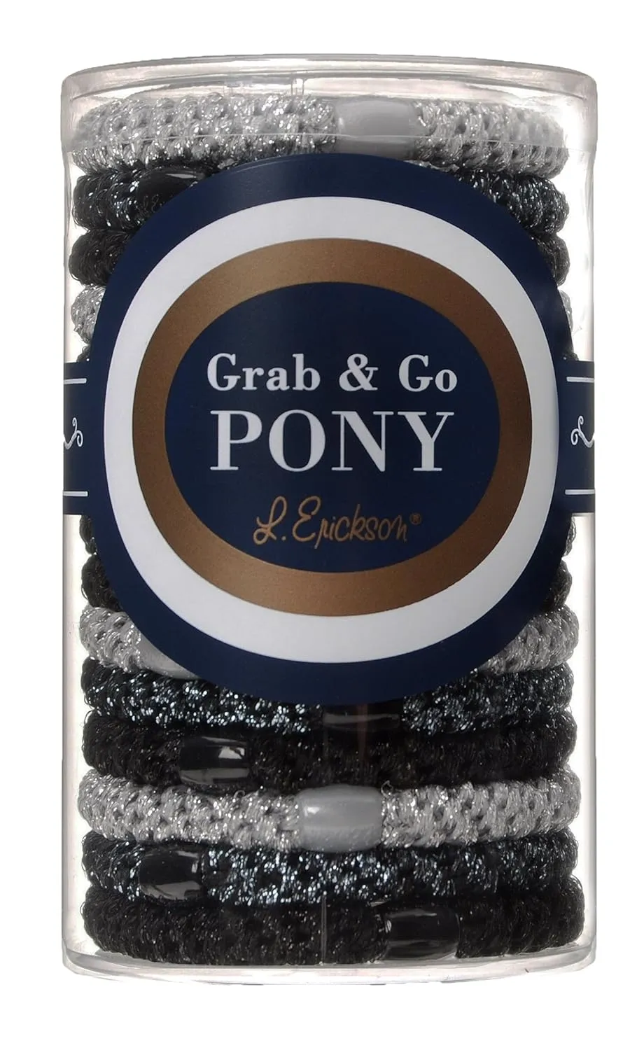 L. Erickson Grab & Go Pony Tube - Black Metallic - 15 Pack Ponytail Holder Hair Ties