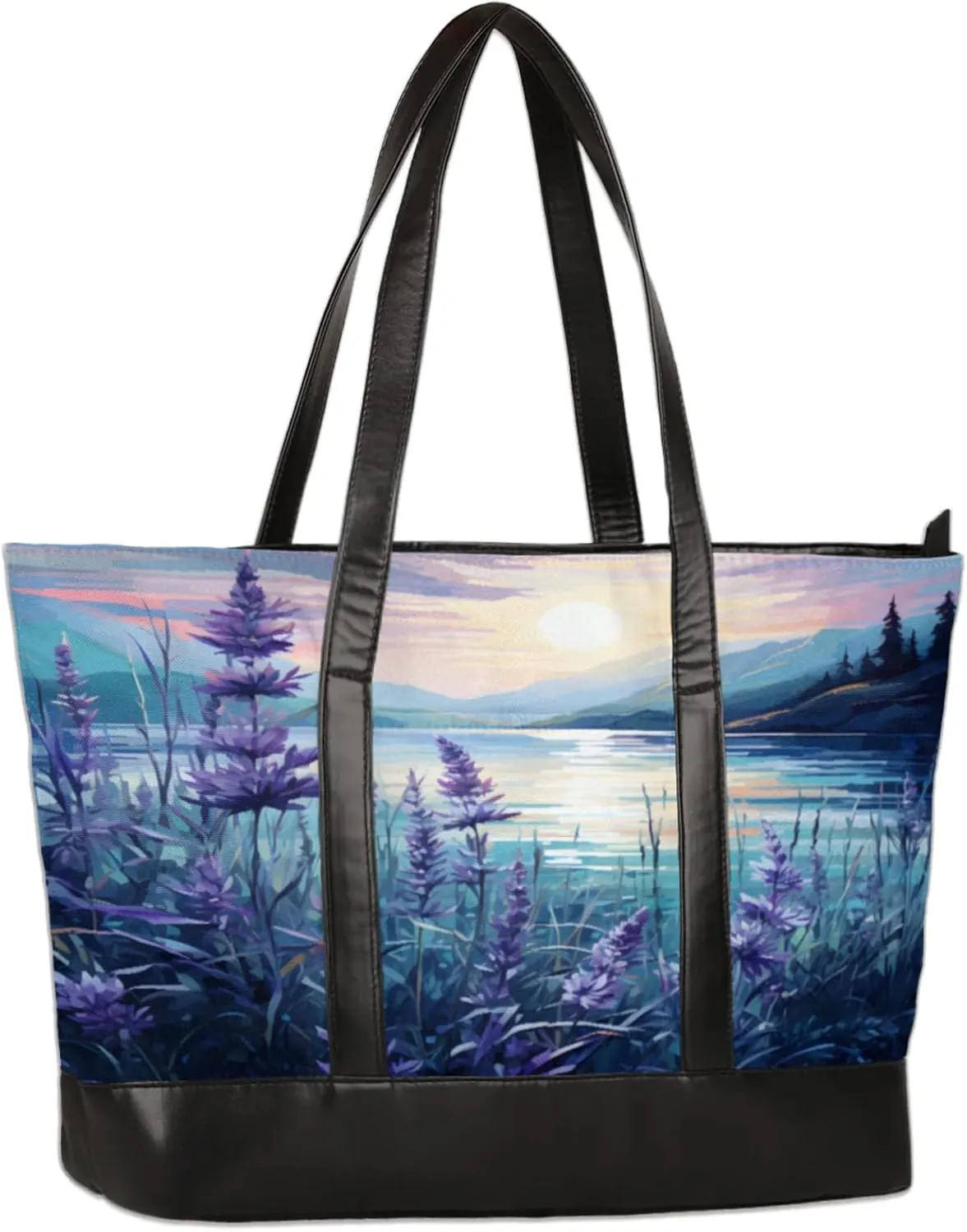 Lake Lavender Flower Watercolour Laptop Tote Bag for Women Lightweight Work Purse with Multiple Compartments Fits 13-15.6 Inch Laptop Tablet Shoulder Bag for Office Travel Daily Use