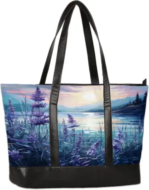 Lake Lavender Flower Watercolour Laptop Tote Bag for Women Lightweight Work Purse with Multiple Compartments Fits 13-15.6 Inch Laptop Tablet Shoulder Bag for Office Travel Daily Use