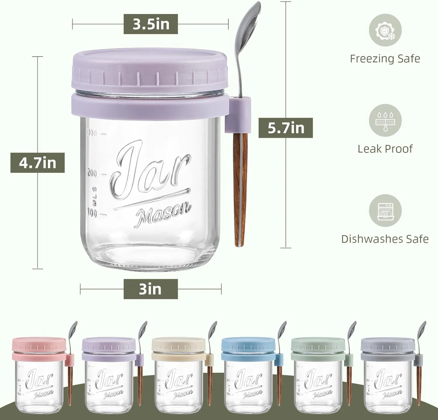 LANDNEOO 6 Pack Overnight Oats Containers with Lids and Spoons, 16 oz Glass Mason Overnight Oats Jars, Large Capacity Airtight Jars for Milk, Cereal, Fruit