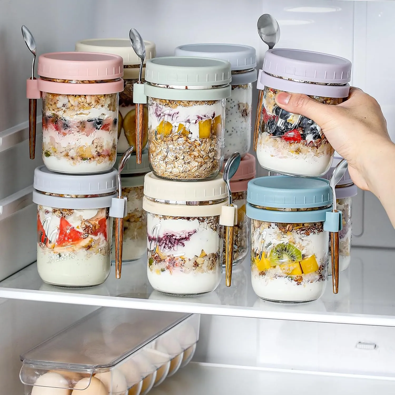 LANDNEOO 6 Pack Overnight Oats Containers with Lids and Spoons, 16 oz Glass Mason Overnight Oats Jars, Large Capacity Airtight Jars for Milk, Cereal, Fruit