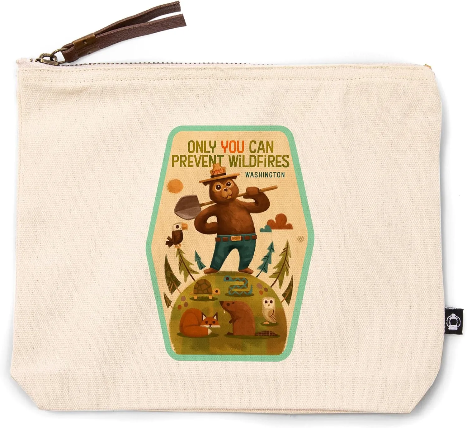 Lantern Press Washington, Smokey Bear with Shovel, Only You can Prevent Wildfires, 100% Cotton Zipper Pouch, Travel Accessory, Go Bag