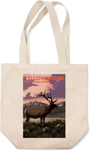 Lantern Press Yellowstone National Park, Wyoming, Elk and Sunset (100% Cotton Canvas Reusable Tote Bag)