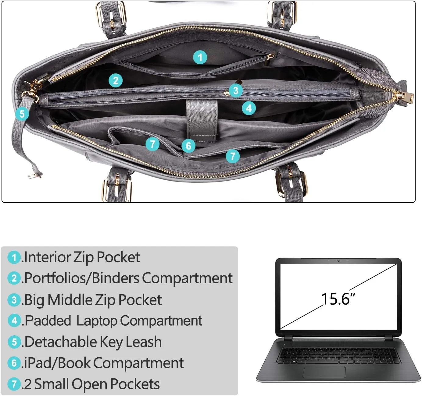 Laptop Bag for Women Large Office Handbags Briefcase Fits Up to 15.6 inch (Updated Version)-Grey
