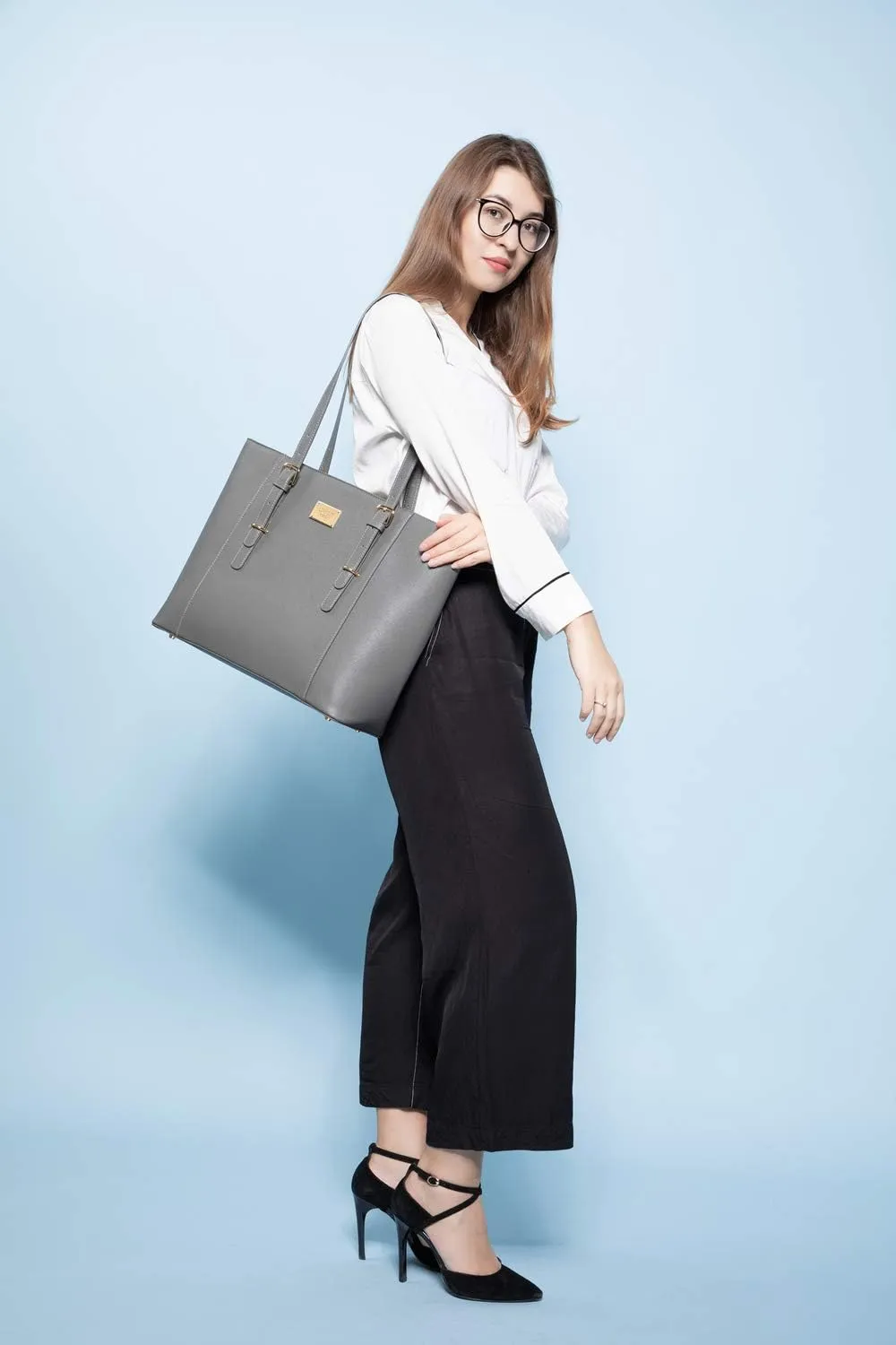 Laptop Bag for Women Large Office Handbags Briefcase Fits Up to 15.6 inch (Updated Version)-Grey