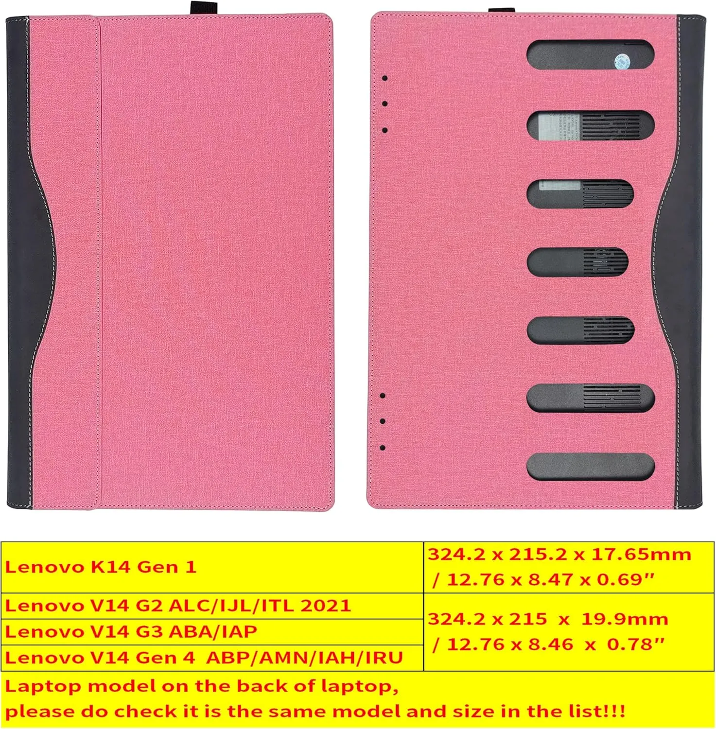 Laptop Case Cover for Lenovo K14 Gen 1 / V14 G2 G3 G4 2023 14" [Do Check Model] Detachable Notebook Sleeve Computer Bag Protective PU Shell with Pen Holder Heat Dissipation Hole (Pink, 14 inches)