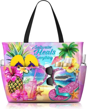 Large Beach Bag with 8 Pockets - Water-Resistant Tote for Women, Lightweight Foldable Travel Tote Bag for Pool