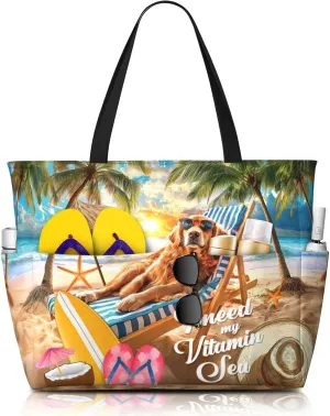 Large Beach Bag with 8 Pockets - Water-Resistant Tote for Women, Lightweight Foldable Travel Tote Bag for Pool