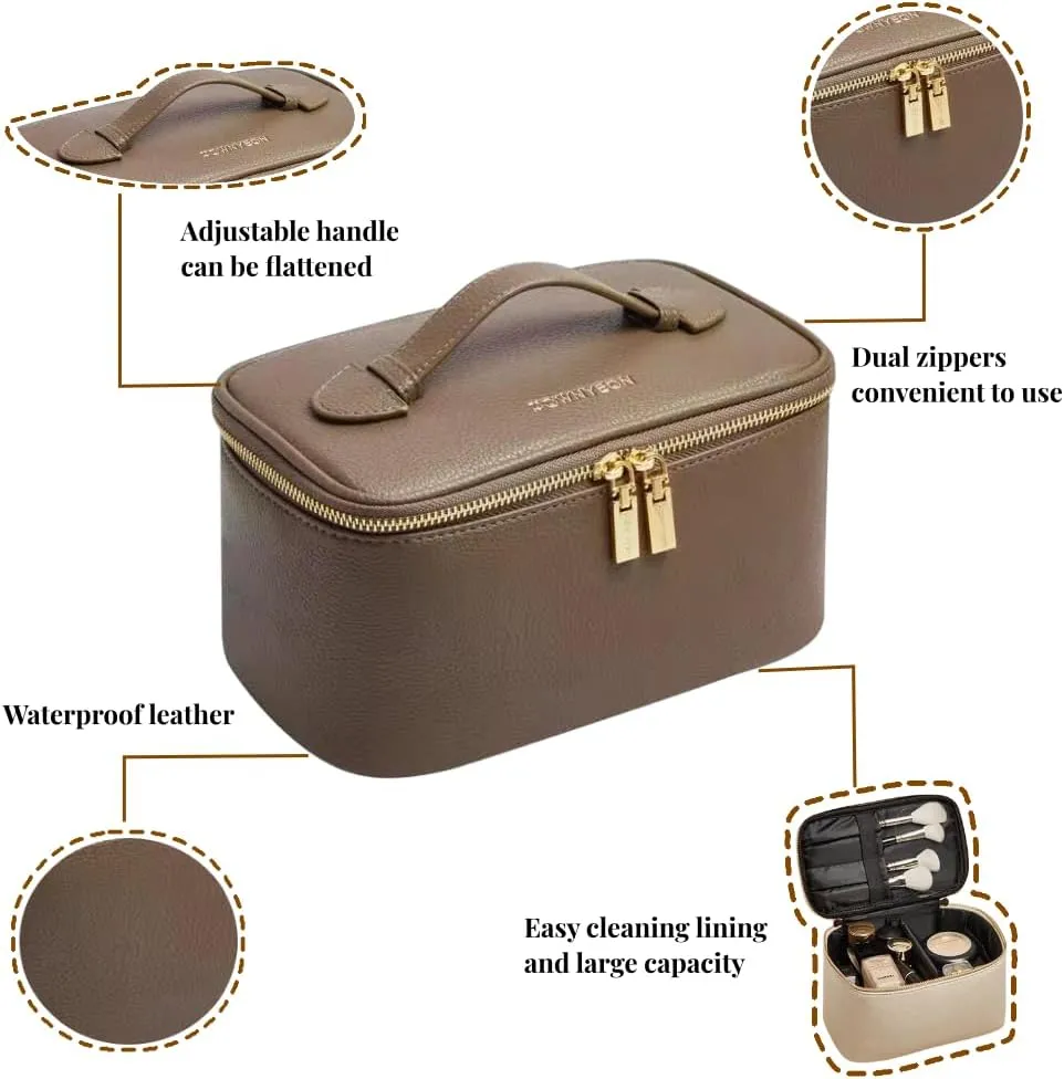 Large Capacity Leather Makeup Organizer with Multiple Compartments and Brush Holders Cosmetic Bag for Women Travel Pouch Waterproof Toiletry Bag EPE foam (Brown)