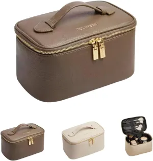 Large Capacity Leather Makeup Organizer with Multiple Compartments and Brush Holders Cosmetic Bag for Women Travel Pouch Waterproof Toiletry Bag EPE foam (Brown)