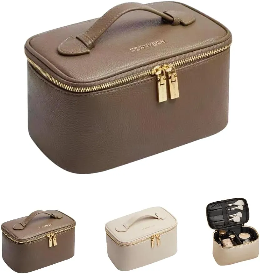 Large Capacity Leather Makeup Organizer with Multiple Compartments and Brush Holders Cosmetic Bag for Women Travel Pouch Waterproof Toiletry Bag EPE foam (Brown)