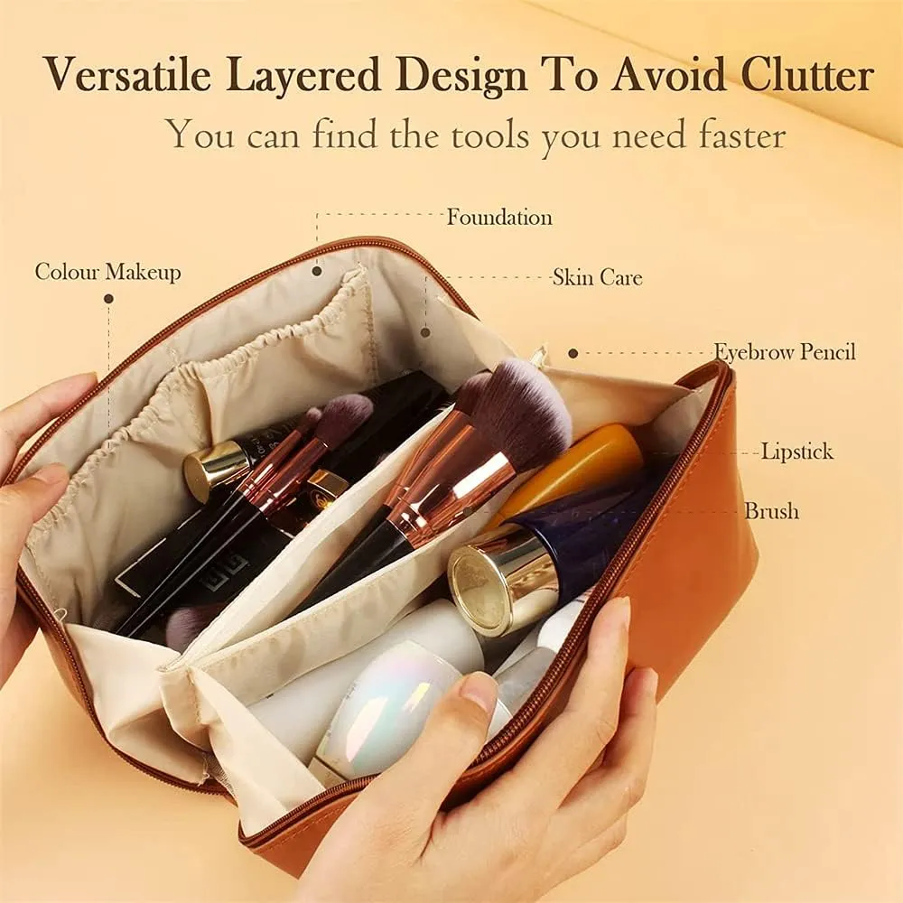 Large Capacity Travel Makeup Bag Portable Travel Cosmetic Bag for Women,Makeup Organizer Storage Cases Toiletry Bag Waterproof Bathroom Bag for Girls With Handle and Divider(Brown)