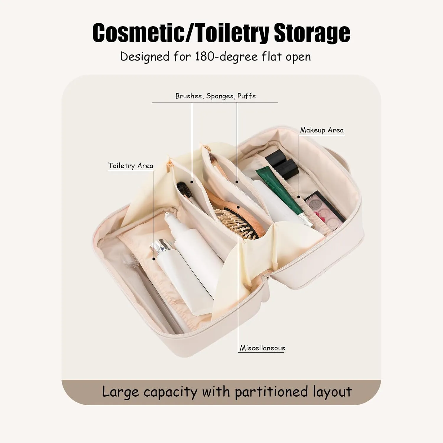 Large Capacity Travel Makeup Bag with Brush Holders and Separate Jewelry Storage, Waterproof PU Leather Toiletry Bag Gift for Women Girls, Portable Open Flat Cosmetic Organizer (White)