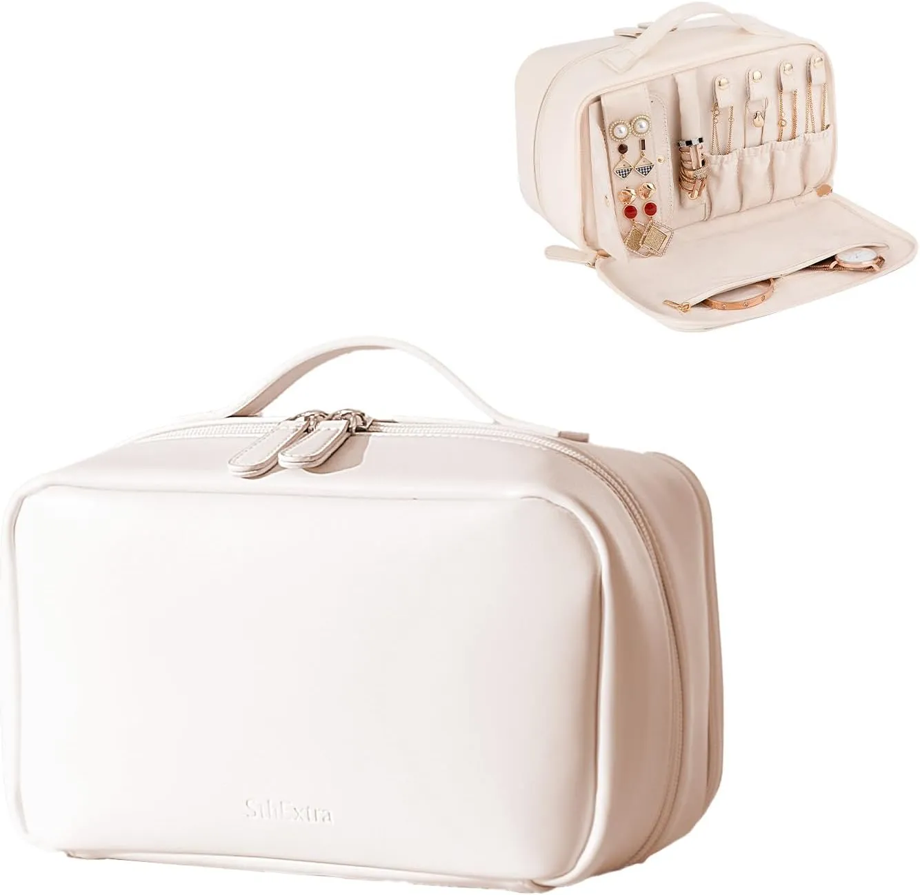 Large Capacity Travel Makeup Bag with Brush Holders and Separate Jewelry Storage, Waterproof PU Leather Toiletry Bag Gift for Women Girls, Portable Open Flat Cosmetic Organizer (White)