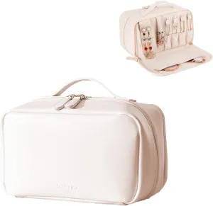 Large Capacity Travel Makeup Bag with Brush Holders and Separate Jewelry Storage, Waterproof PU Leather Toiletry Bag Gift for Women Girls, Portable Open Flat Cosmetic Organizer (White)