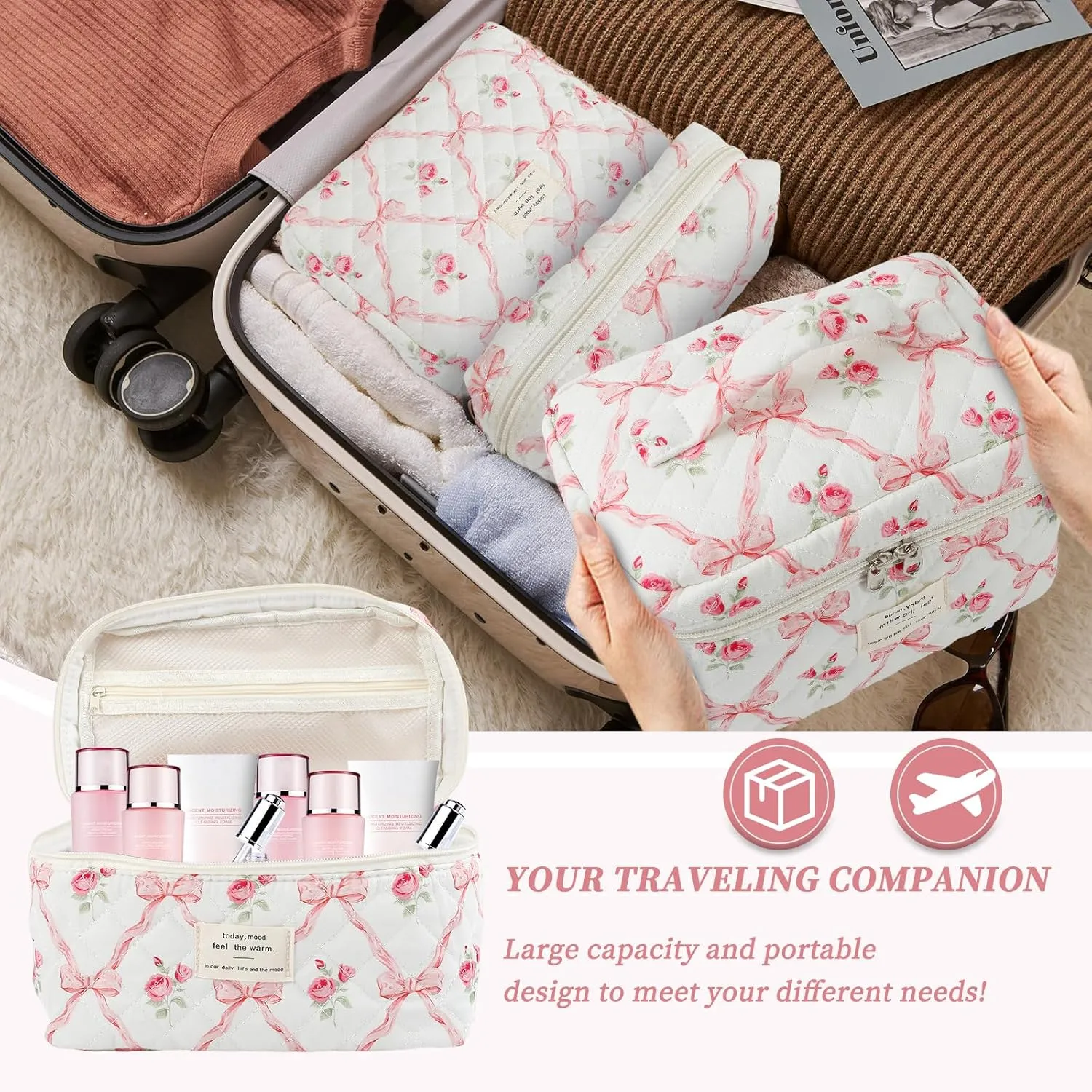 Large Quilted Makeup Bag for Women and Girls, Cute Coquette Floral Cotton Cosmetic Bag, Aesthetic Travel Organized Toiletry Bags (01-pink bows)