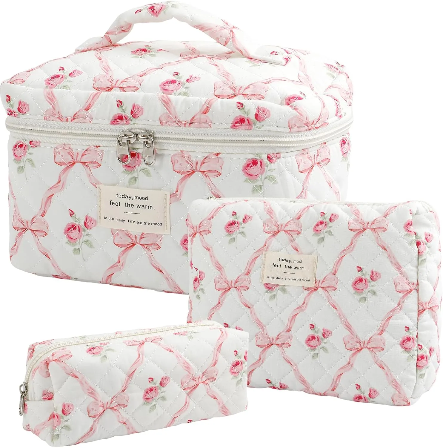 Large Quilted Makeup Bag for Women and Girls, Cute Coquette Floral Cotton Cosmetic Bag, Aesthetic Travel Organized Toiletry Bags (01-pink bows)