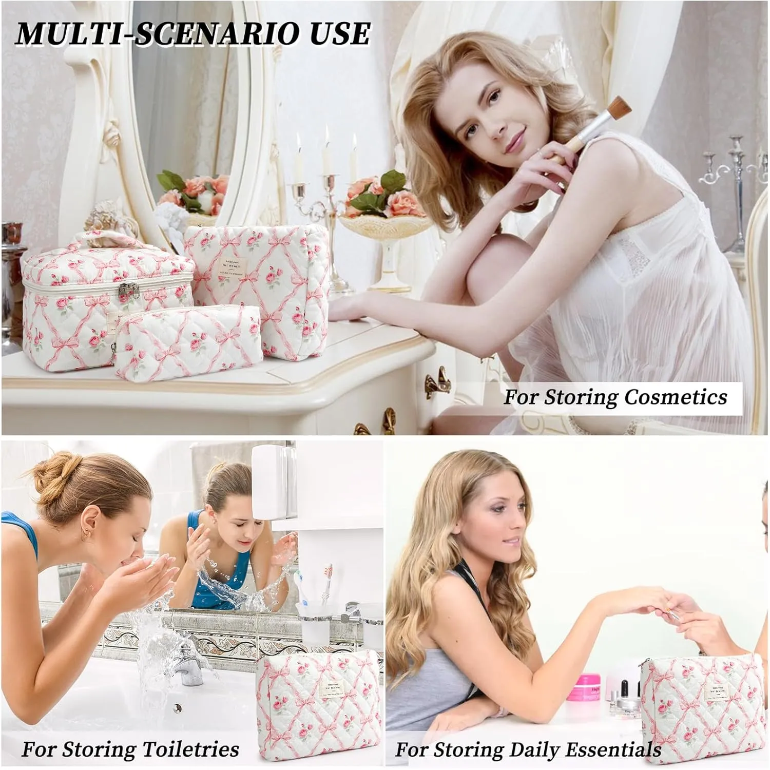 Large Quilted Makeup Bag for Women and Girls, Cute Coquette Floral Cotton Cosmetic Bag, Aesthetic Travel Organized Toiletry Bags (01-pink bows)
