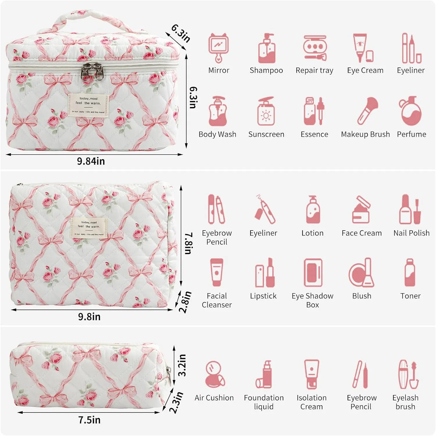 Large Quilted Makeup Bag for Women and Girls, Cute Coquette Floral Cotton Cosmetic Bag, Aesthetic Travel Organized Toiletry Bags (01-pink bows)