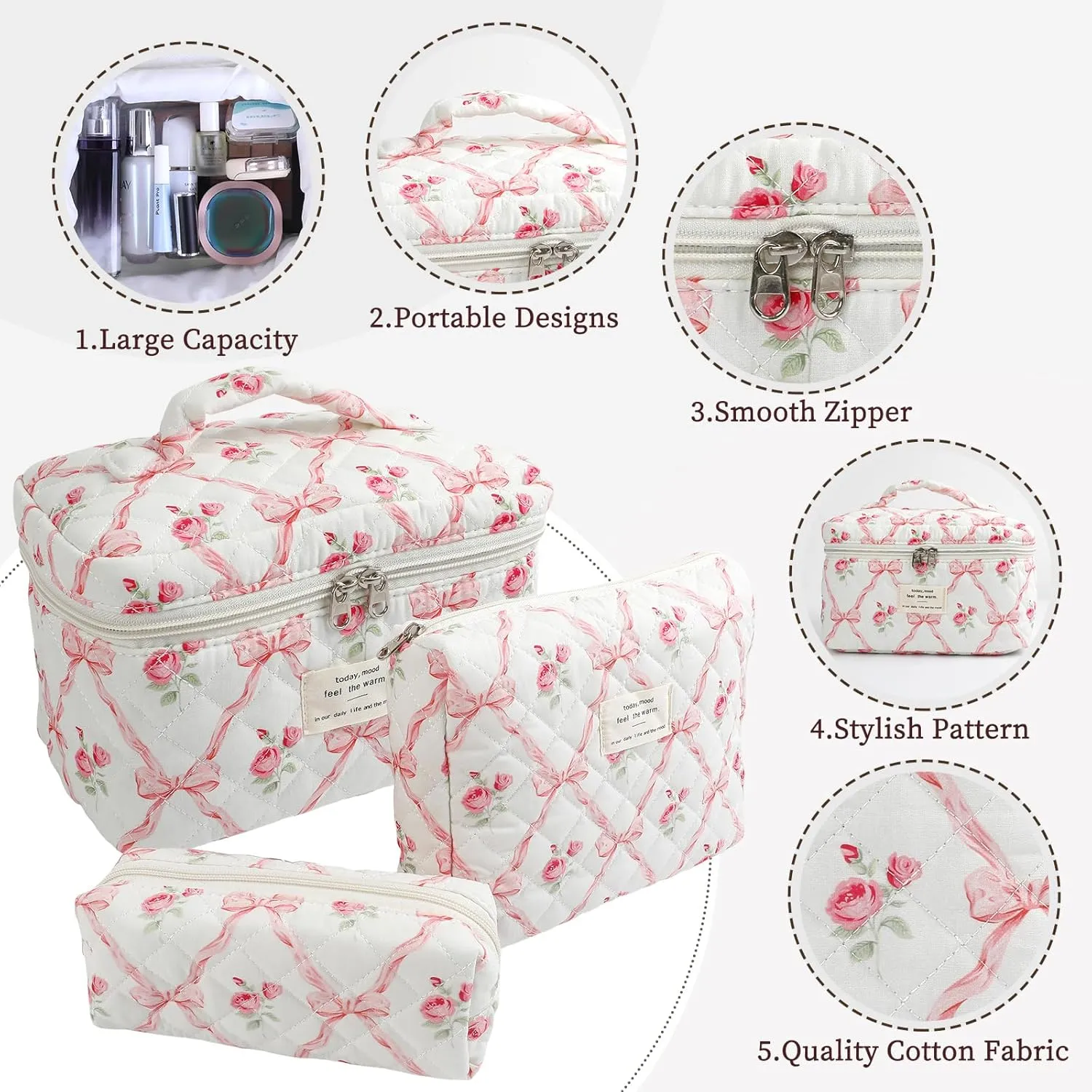 Large Quilted Makeup Bag for Women and Girls, Cute Coquette Floral Cotton Cosmetic Bag, Aesthetic Travel Organized Toiletry Bags (01-pink bows)