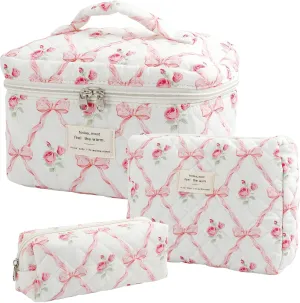 Large Quilted Makeup Bag for Women and Girls, Cute Coquette Floral Cotton Cosmetic Bag, Aesthetic Travel Organized Toiletry Bags (01-pink bows)
