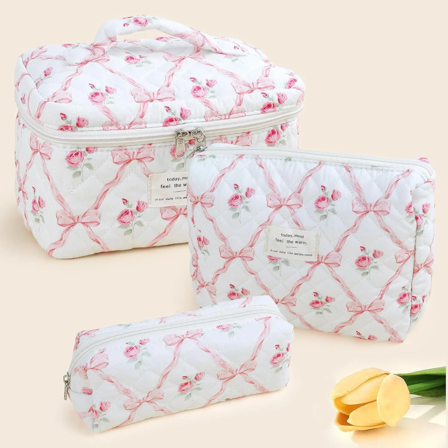 Large Quilted Makeup Bag for Women and Girls, Cute Coquette Floral Cotton Cosmetic Bag, Aesthetic Travel Organized Toiletry Bags (01-pink bows)