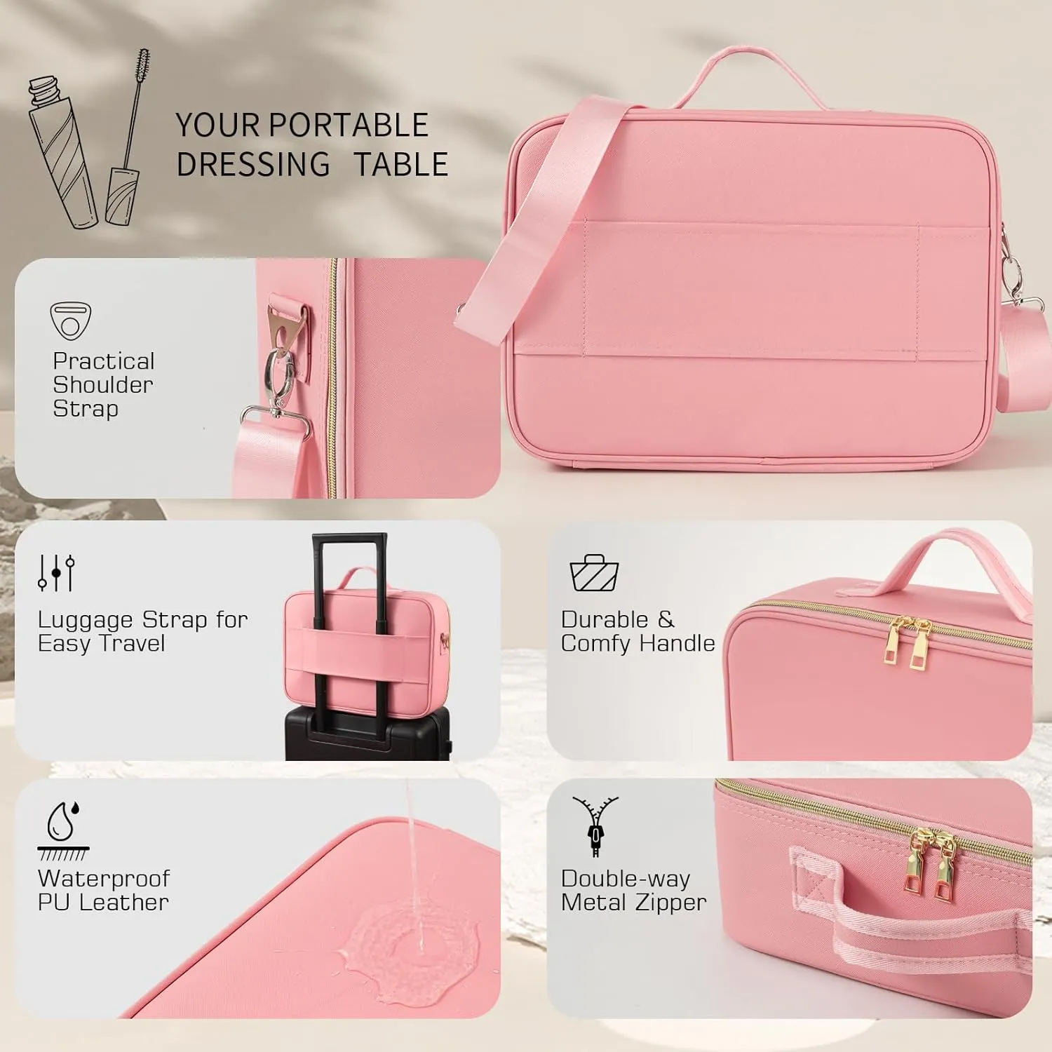 Large Travel Makeup Bag with LED Mirror, 3-Color Stepless Dimming Stand Mirror Detachable, with Adjustable Divider, Makeup Brush Holder Storage (Pink)