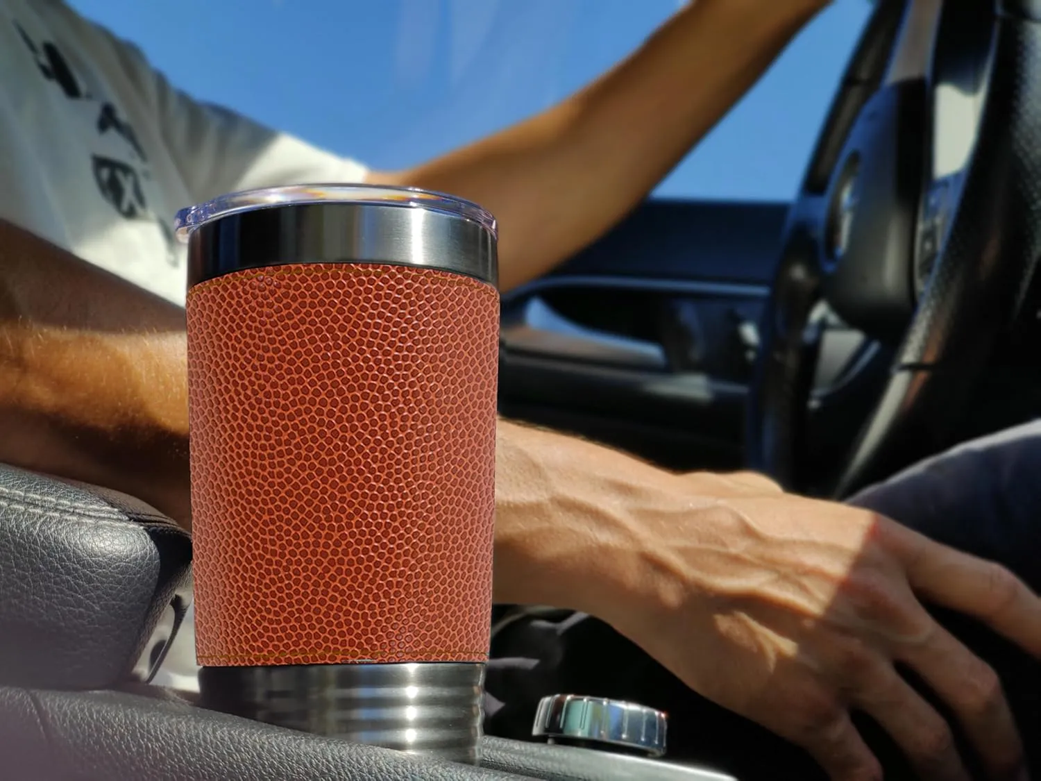 LaserGram 20oz Vacuum Insulated Tumbler Mug, Bass Fish, Personalized Engraving Included (Faux Leather, Basketball Style)